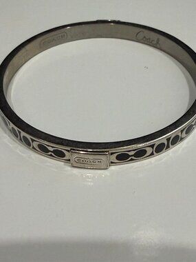 Authentic Coach Signature C Logo Thin Bangle in Silver Tone and Black Enamel